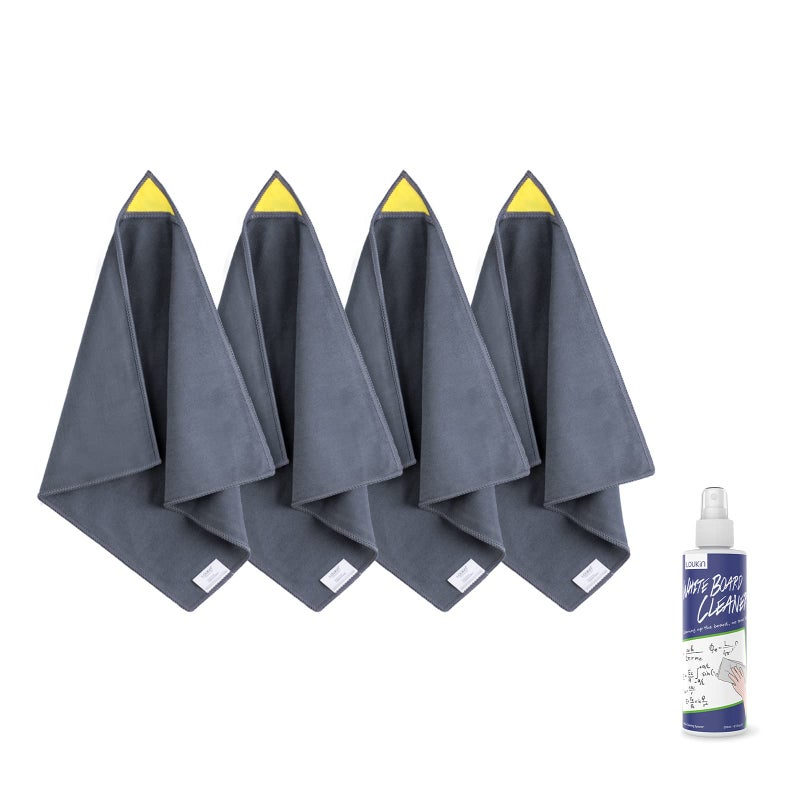 loukin 4 Pack Magnetic Whiteboard Cleaning Cloth  Dry Erase Cleaning Cloth for Classroom  Home and Office Use  Reusable & Washable  Gray  12"" x 12""  1 Bottle of 3.4 fl oz Whiteboard Cleaner Included - Image 1